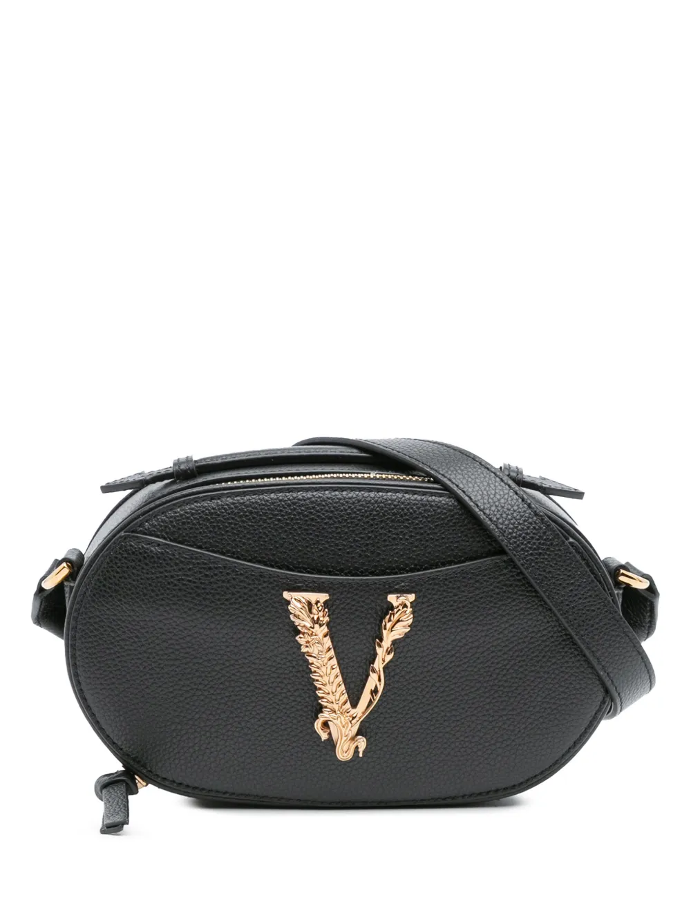Pre-owned Versace 2010-2025 Grainy Calfskin Virtus V Camera Bag Satchel In Black