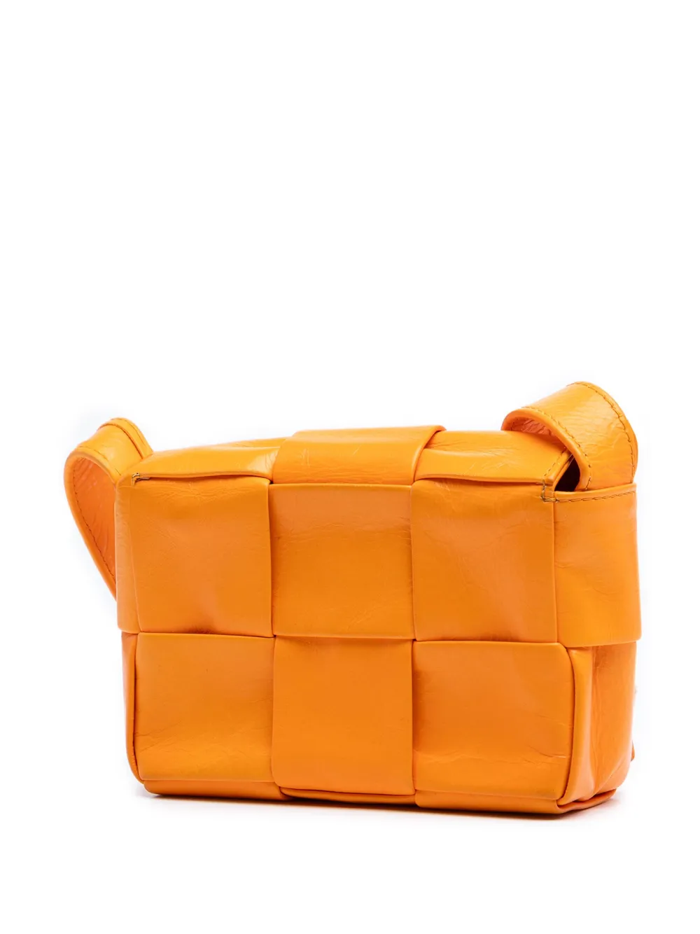 Pre-owned Bottega Veneta 2012-2025 Extra Mini Crinkled Lambskin Intrecciato Cassette Crossbody Bag In Orange
