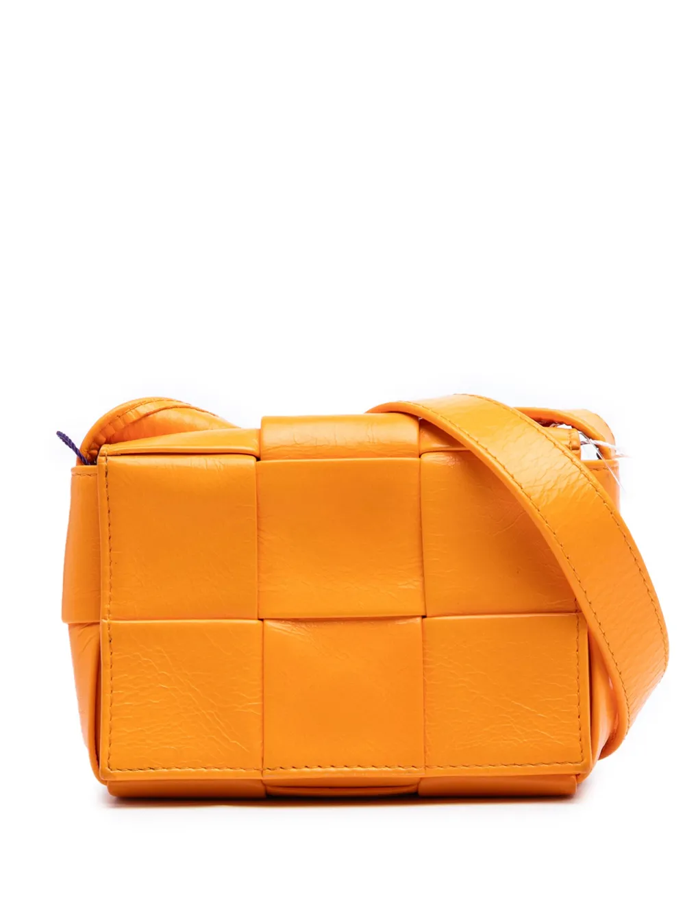 Pre-owned Bottega Veneta 2012-2025 Extra Mini Crinkled Lambskin Intrecciato Cassette Crossbody Bag In Orange