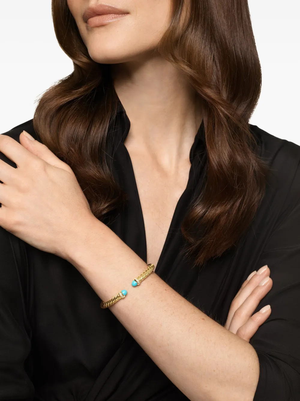 David Yurman 18k Yellow Gold Cablespira® Flex Turquoise And Diamond Bracelet In Gold