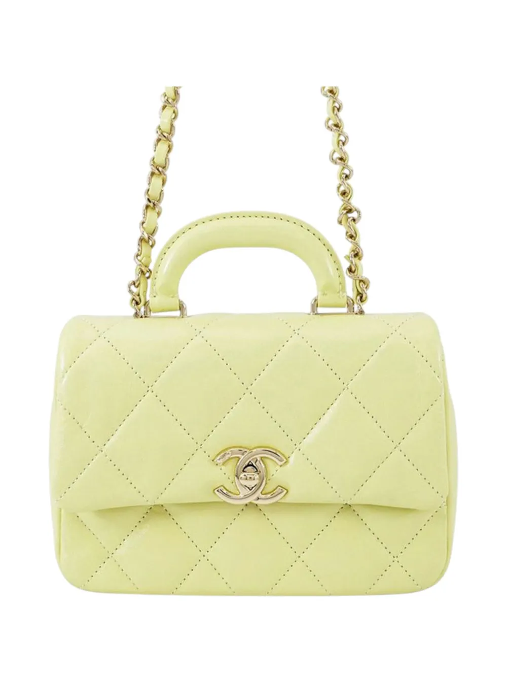 Pre-owned Chanel 2021-2025 Mini Cc Shiny Calfskin Top Handle Flap Satchel In Yellow