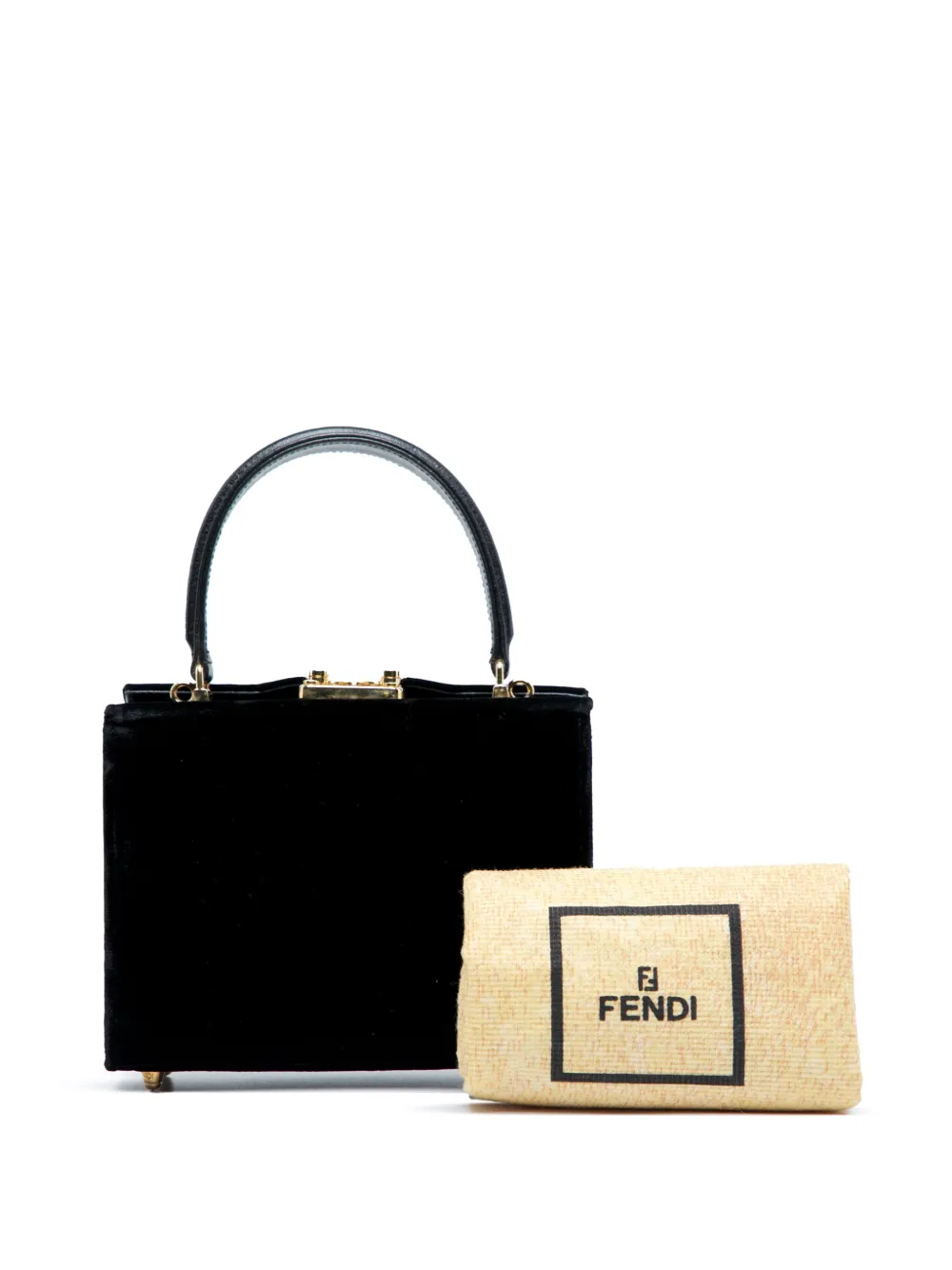 Pre-owned Fendi 20th Century Velvet Push Lock Box Satchel In Black