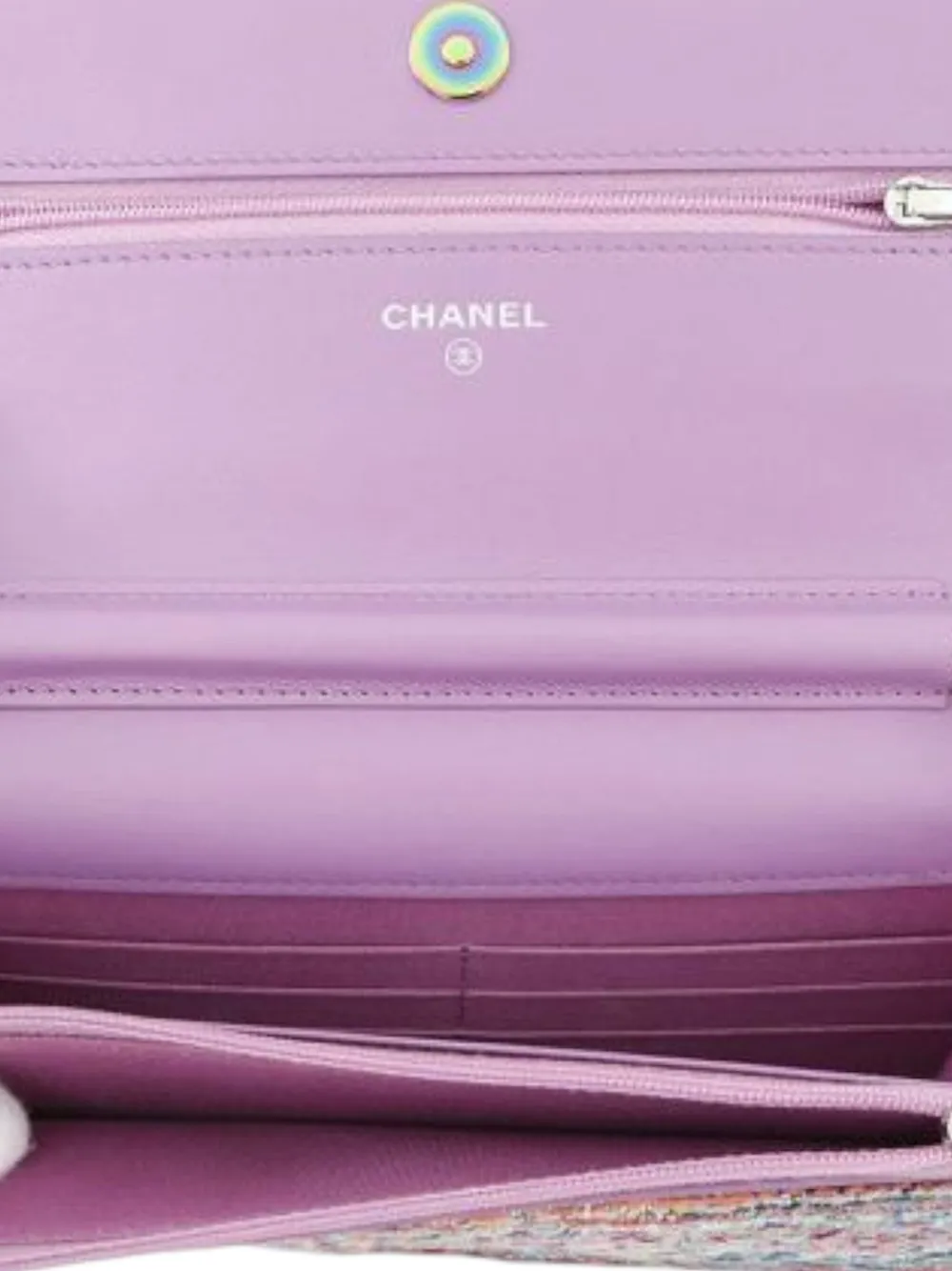 Pre-owned Chanel 2019 Cc Quilted Tweed Rainbow Hardware Wallet On Chain Crossbody Bag In Purple