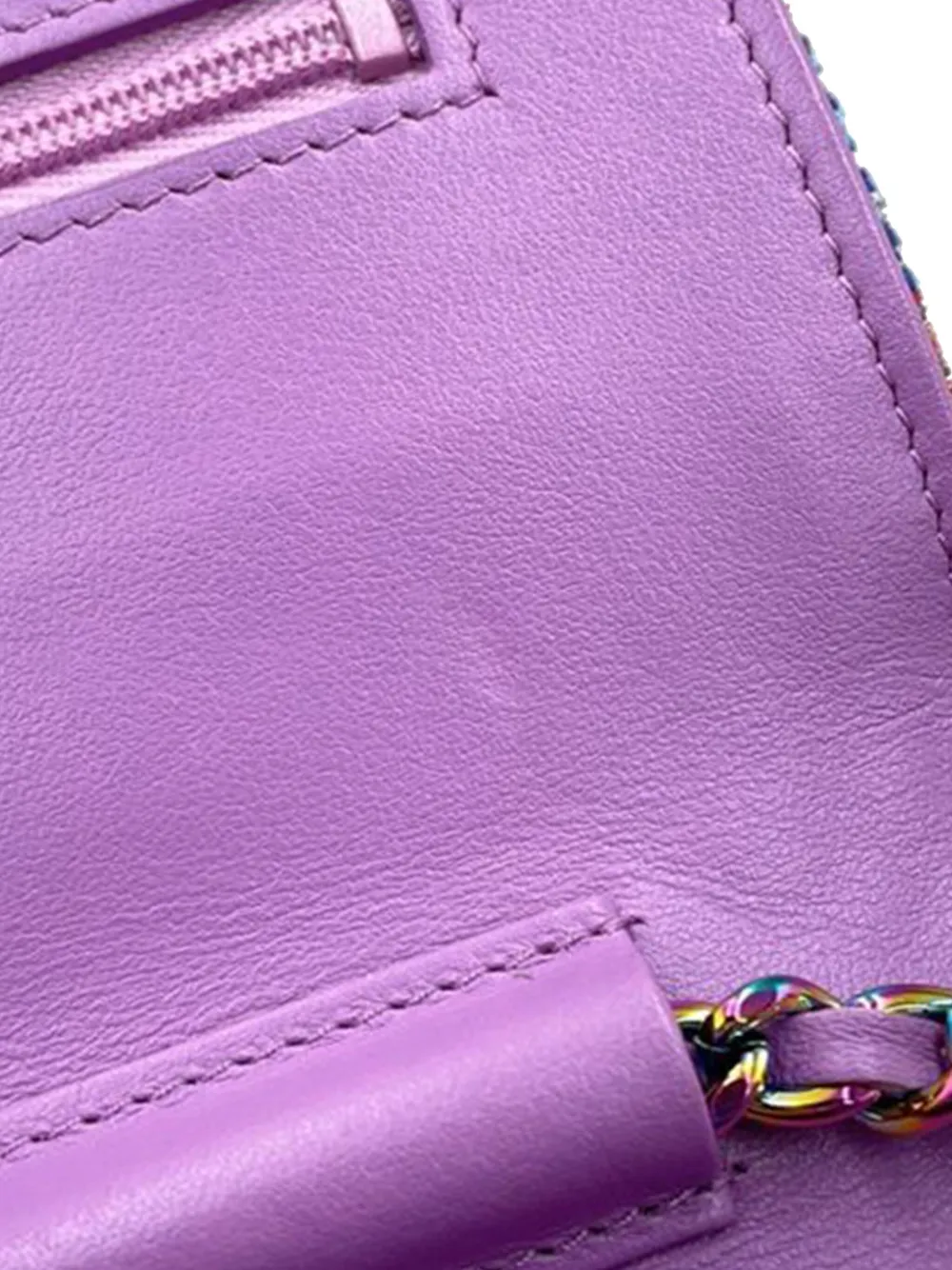 Pre-owned Chanel 2019 Cc Quilted Tweed Rainbow Hardware Wallet On Chain Crossbody Bag In Purple