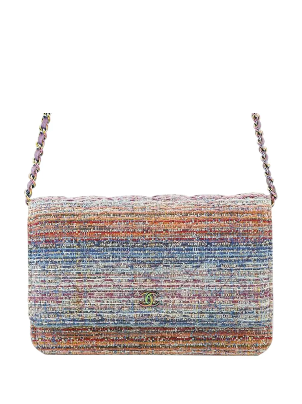 Pre-owned Chanel 2019 Cc Quilted Tweed Rainbow Hardware Wallet On Chain Crossbody Bag In Purple