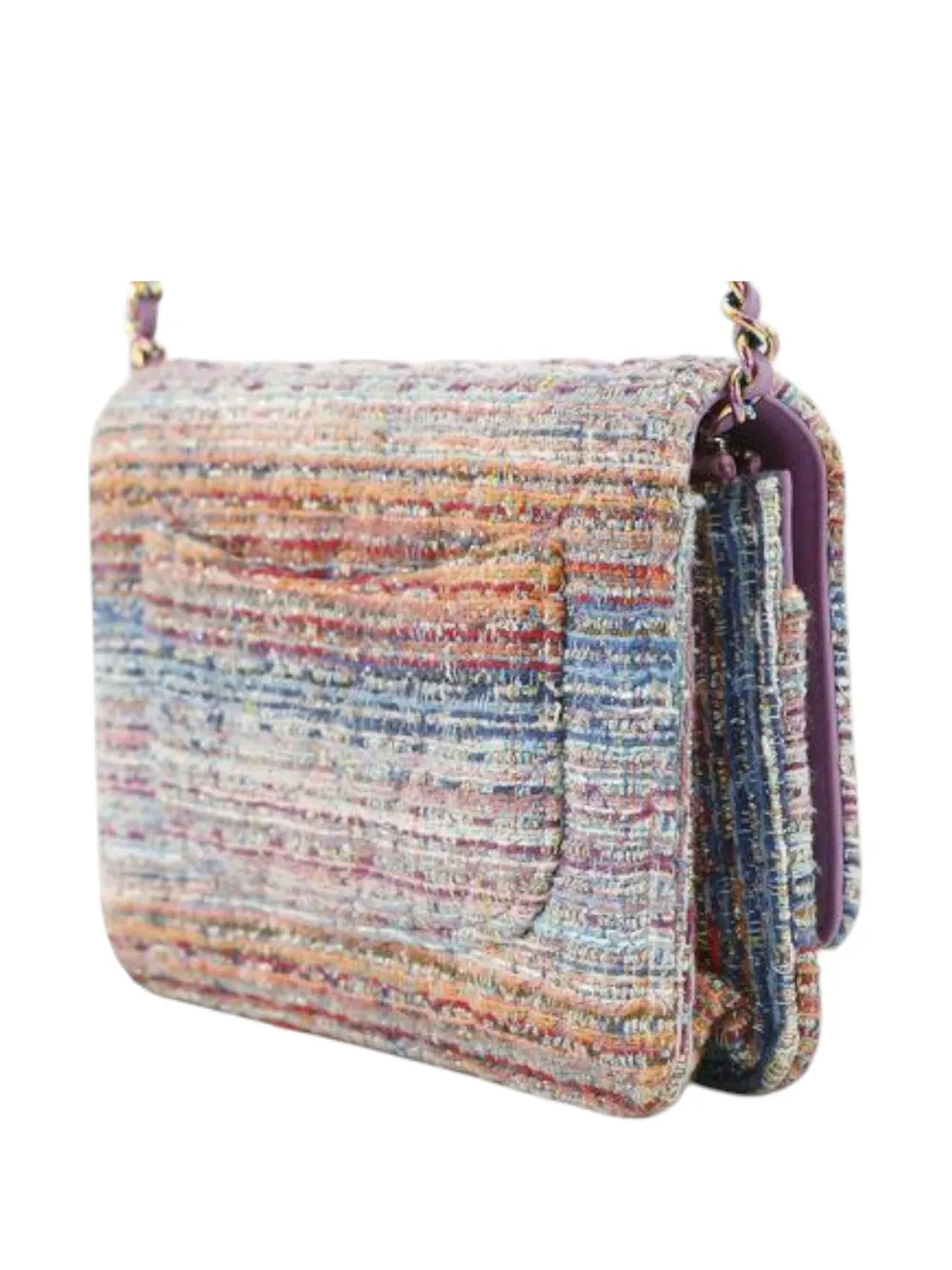 Pre-owned Chanel 2019 Cc Quilted Tweed Rainbow Hardware Wallet On Chain Crossbody Bag In Purple