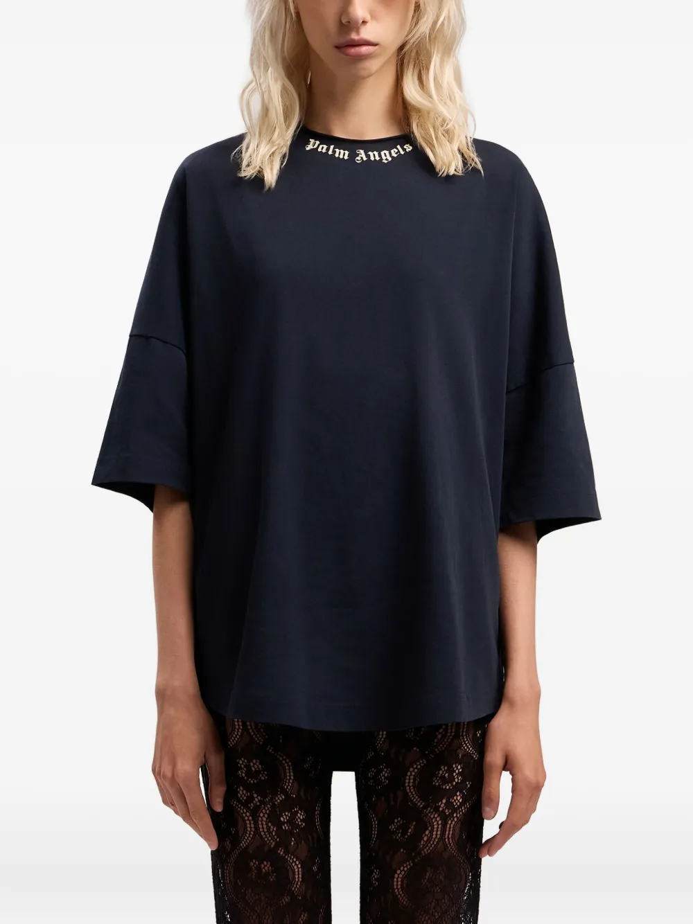 Palm Angels Curved-logo T-shirt In Blue
