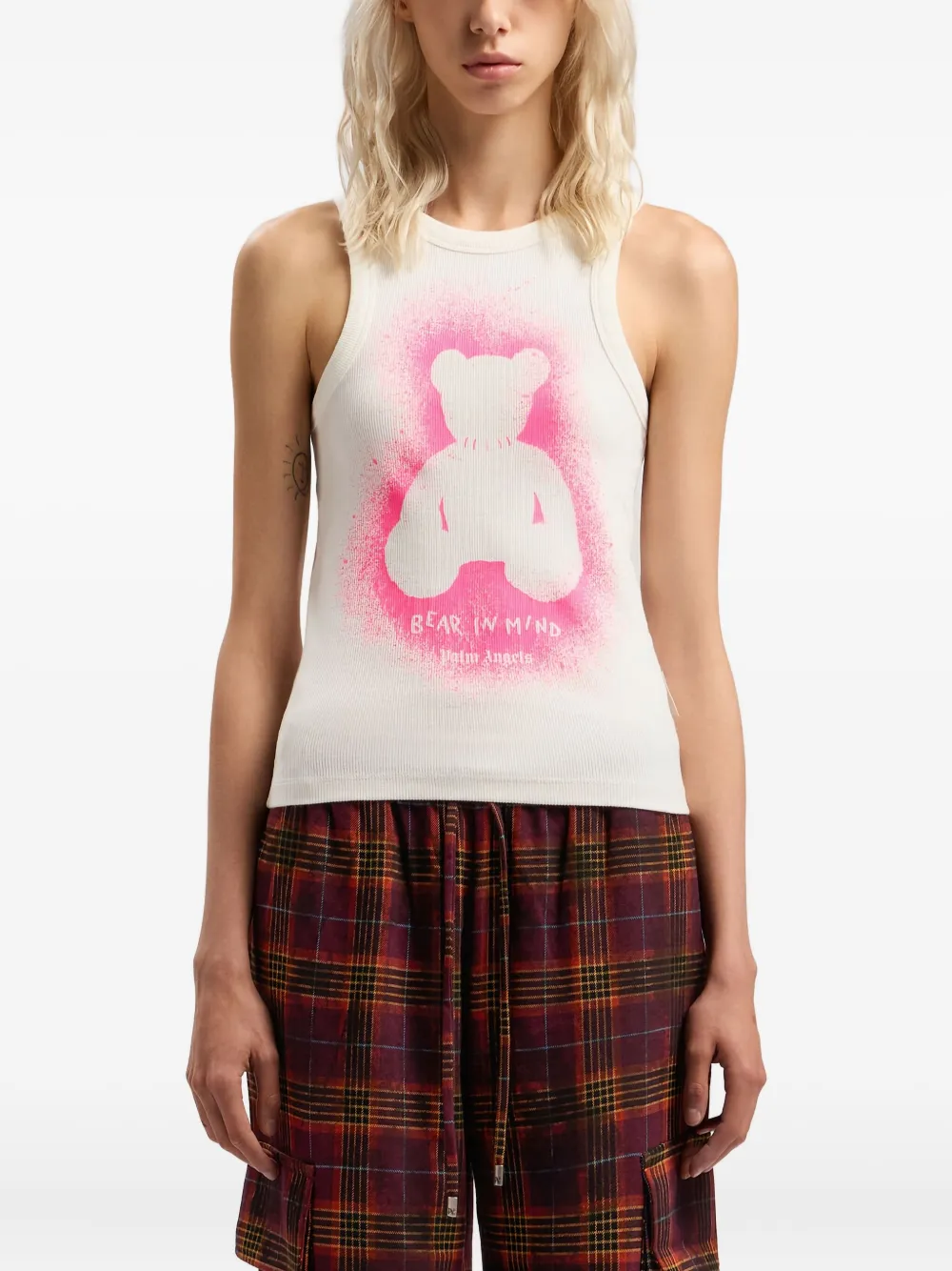 Palm Angels Spray-bear Ribbed Tank Top In White