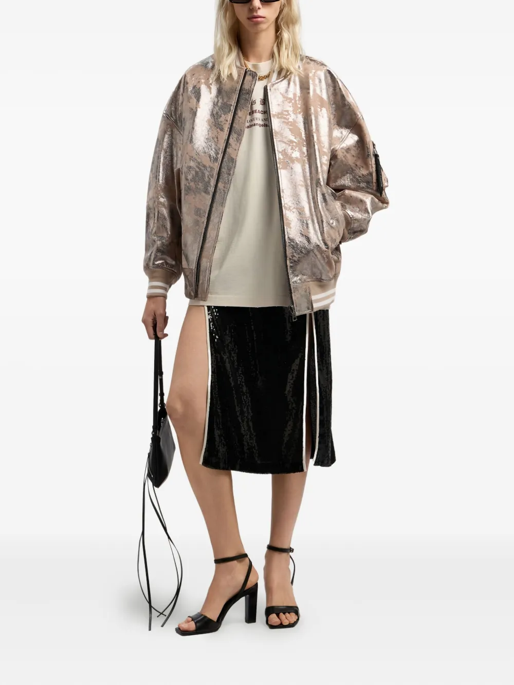 Palm Angels Laminated Leather Bomber Jacket In Neutral