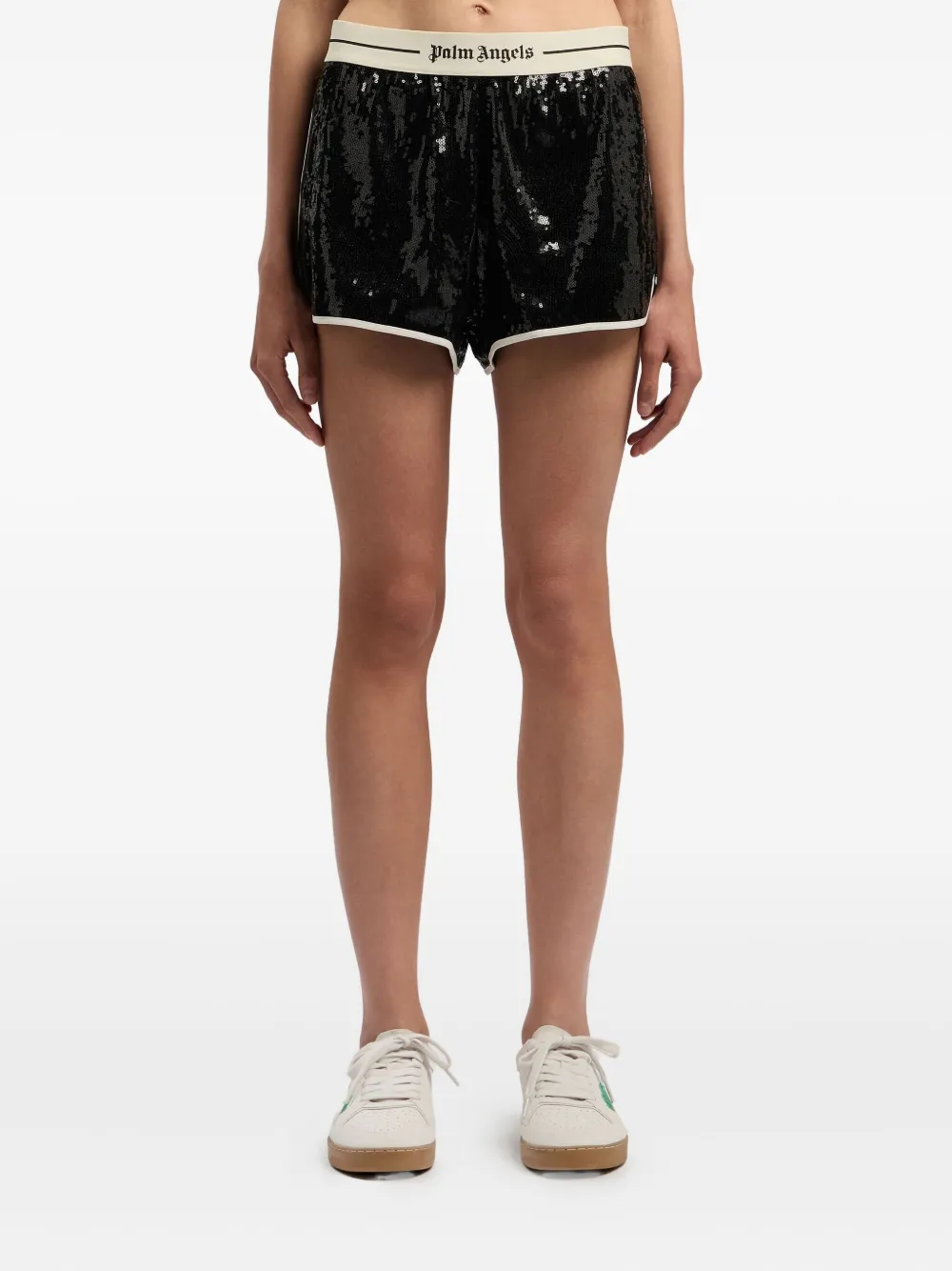 Palm Angels Sequinned Logo-waistband Shorts In Black