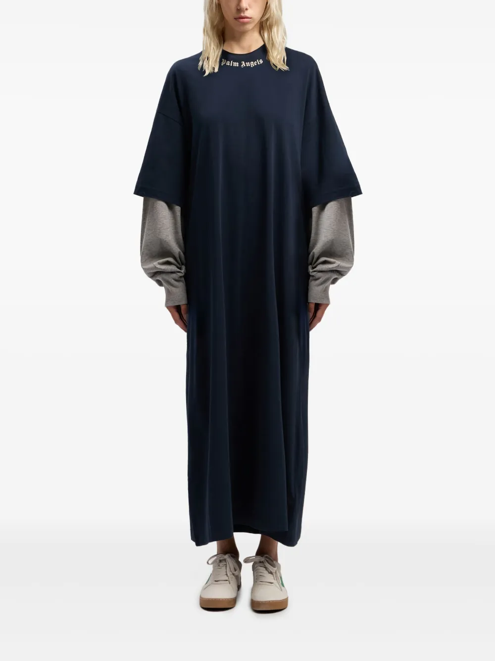 Palm Angels curved logo layered midi dress - Blauw