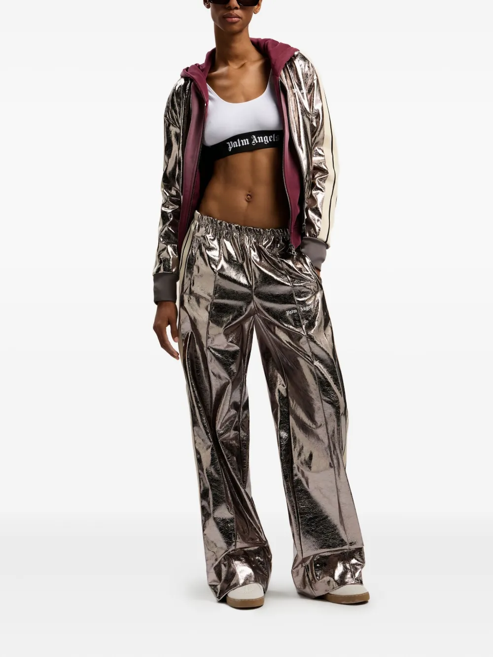 Palm Angels Laminated Wide-leg Track Pants In Gray