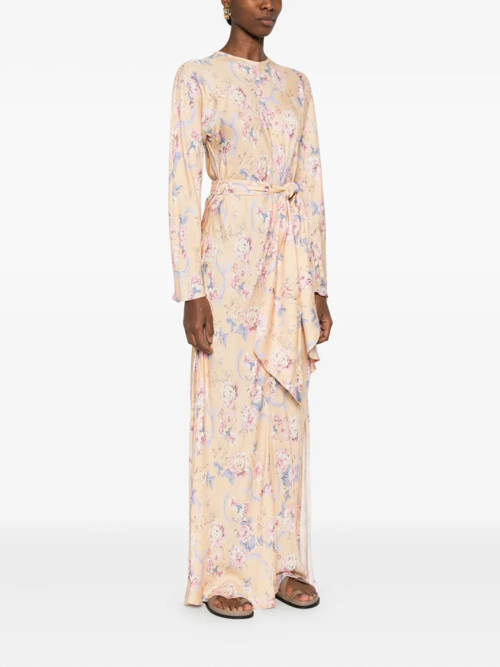 Forte Maxi-jurk met bloemenprint en strik Beige