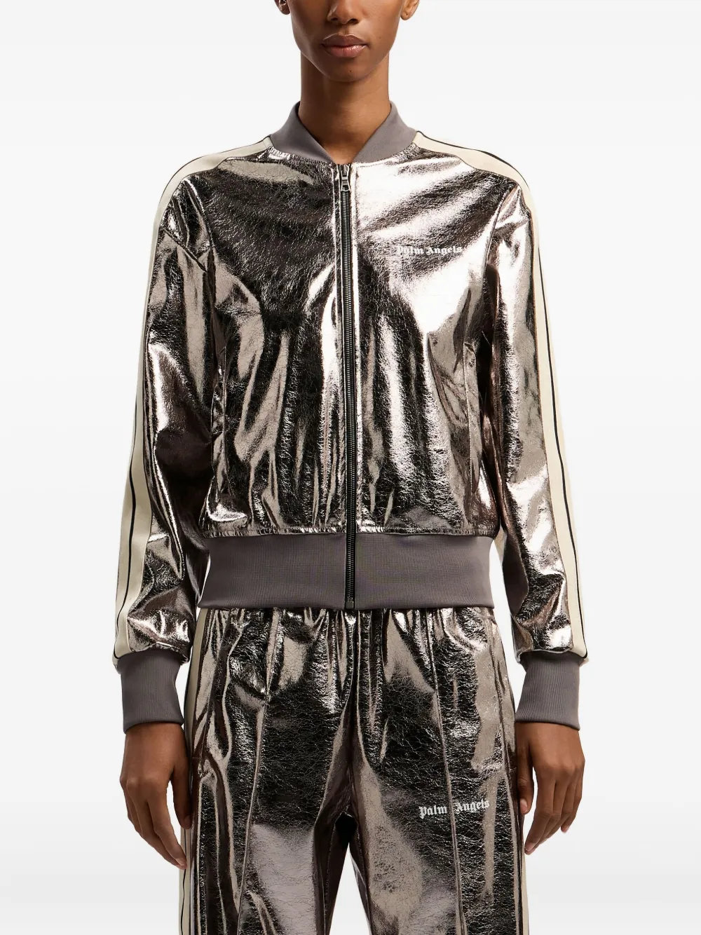 Palm Angels Laminated Logo Sweatshirt In Silver