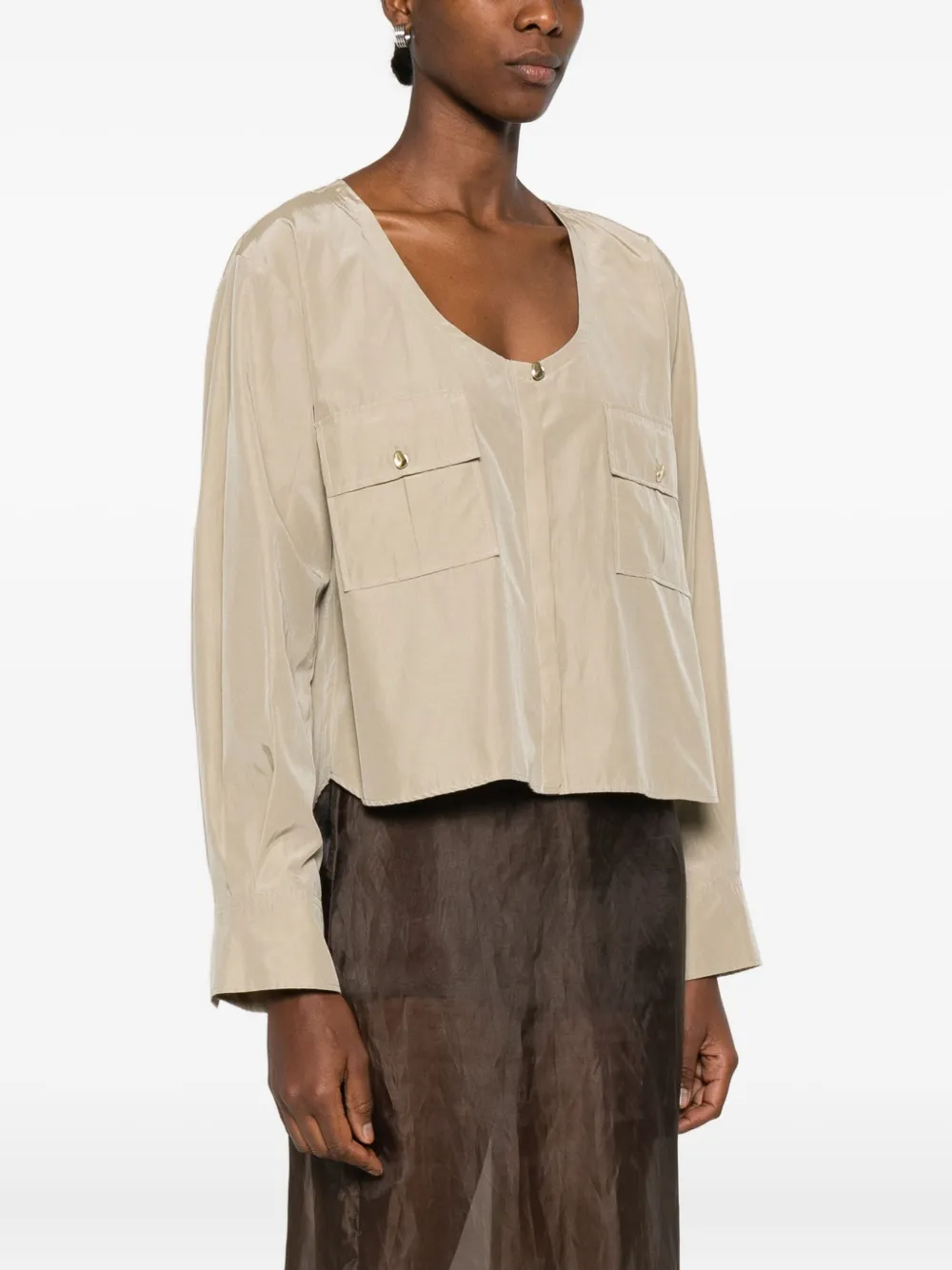 Flap-Pocket Long-Sleeved Blouse