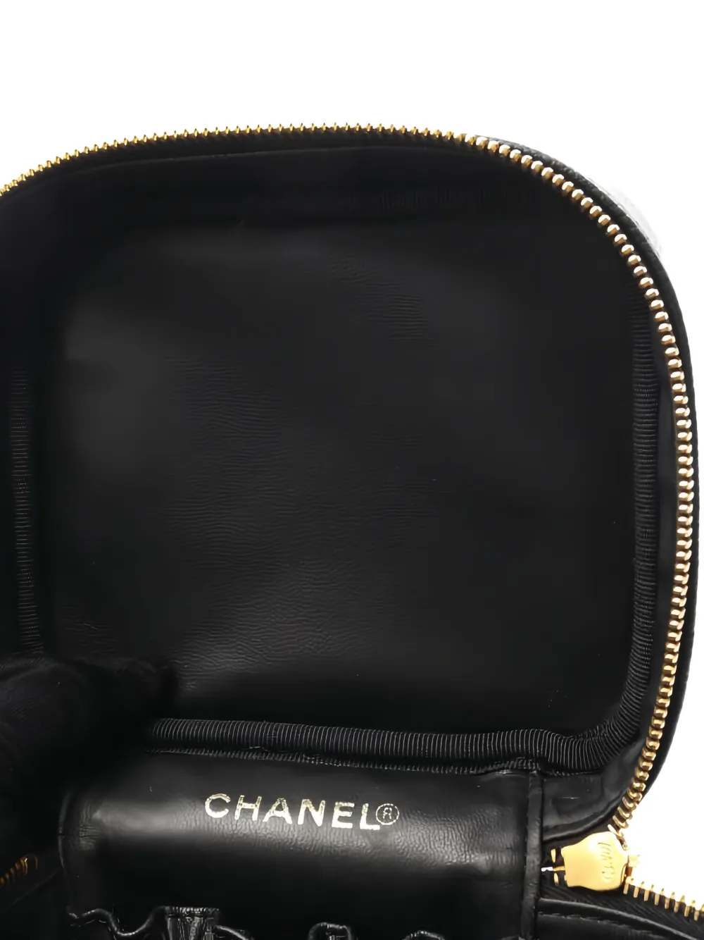 Pre-owned Chanel 1997-1999 Coco Mark Caviar Skin Makeup Bag In Black