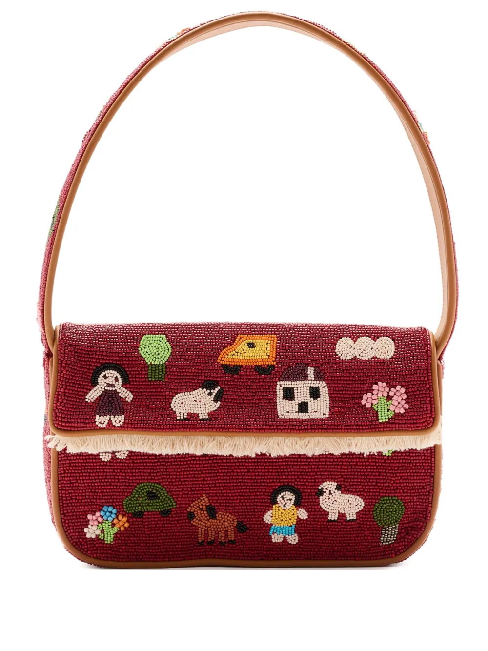 STAUD x FOLK TOWN beaded fringed shoulder bag - Red