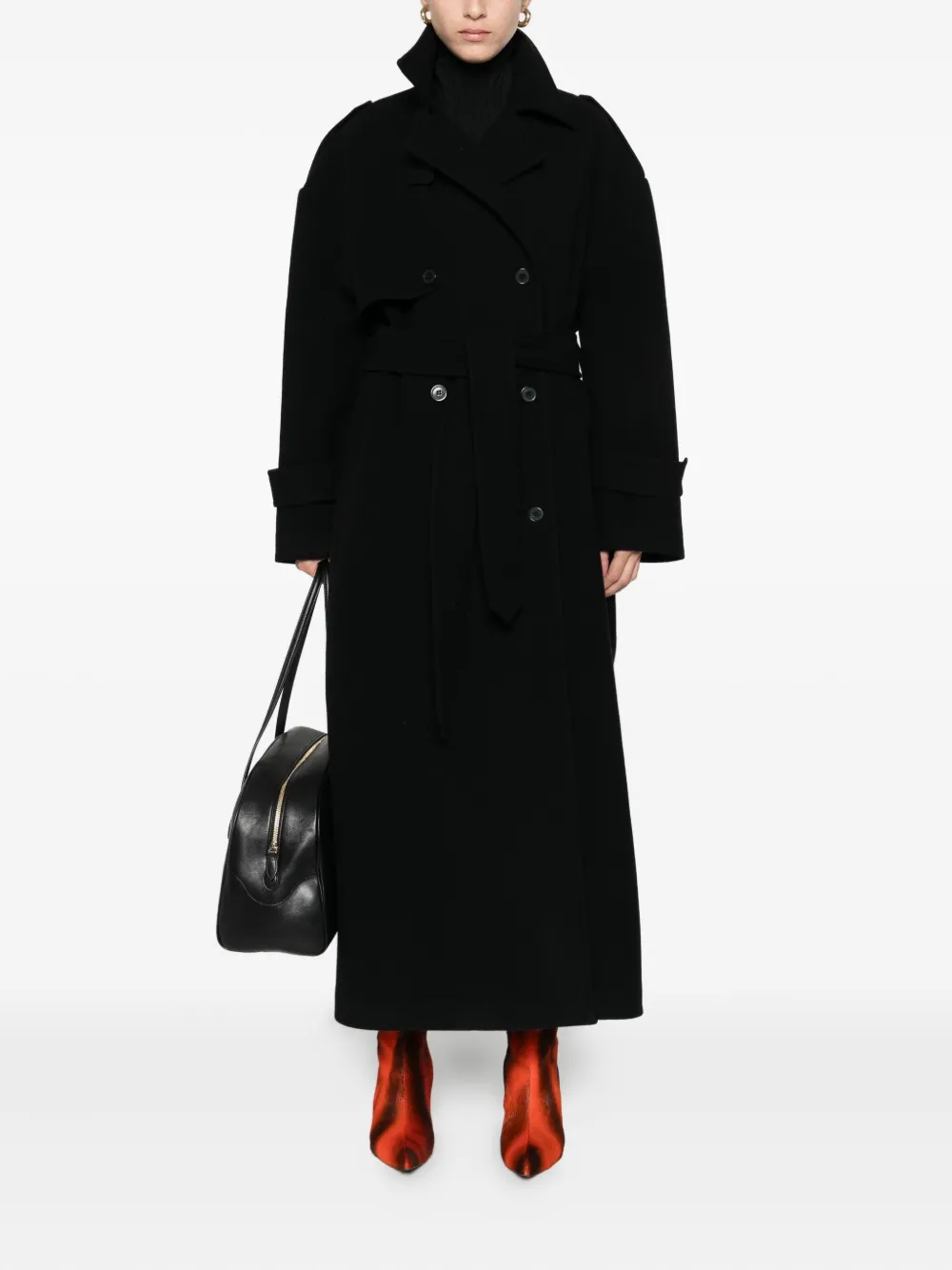 The Nina Studio Belted Double-breasted Coat In Black