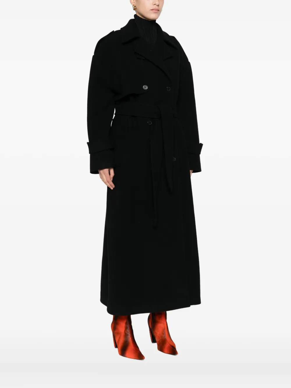 The Nina Studio Belted Double-breasted Coat In Black