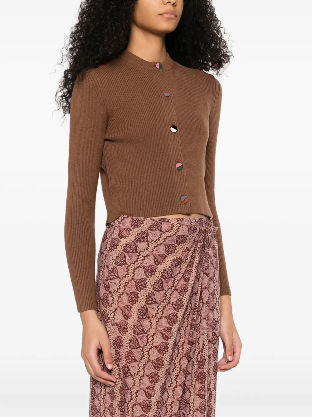  Mii Ribbed Buttoned Cardigan - Brown 