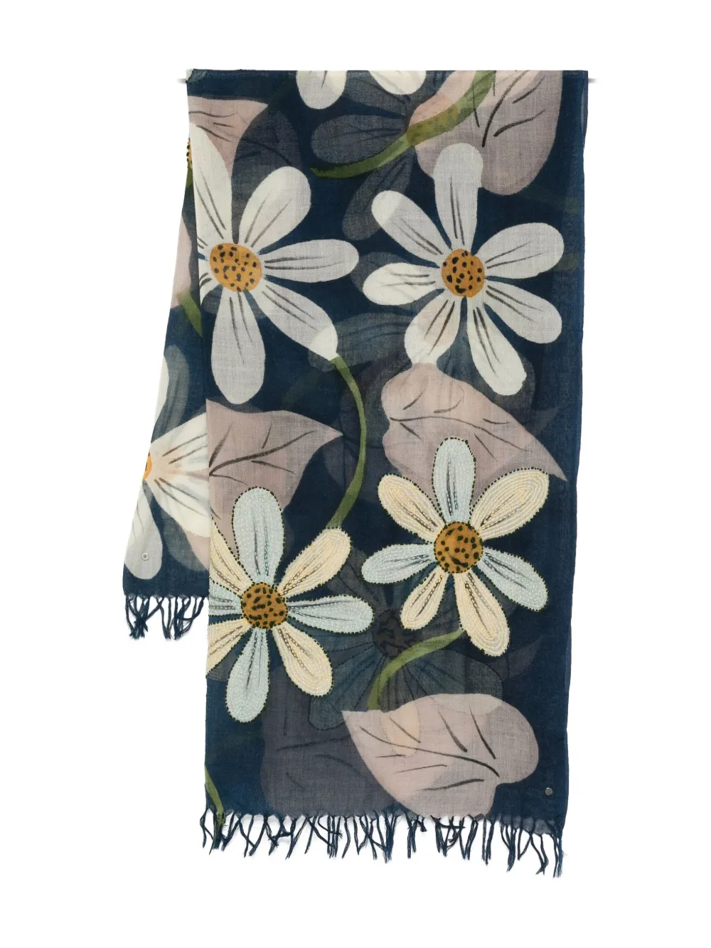 Sgombero Cantine Floral-print Wool Fringed Scarf In Blue