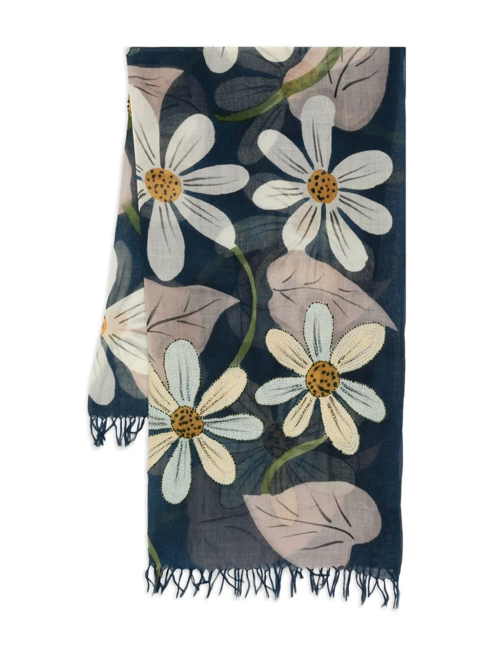 SGOMBERO CANTINE floral-print wool fringed scarf | Blue | Image 1