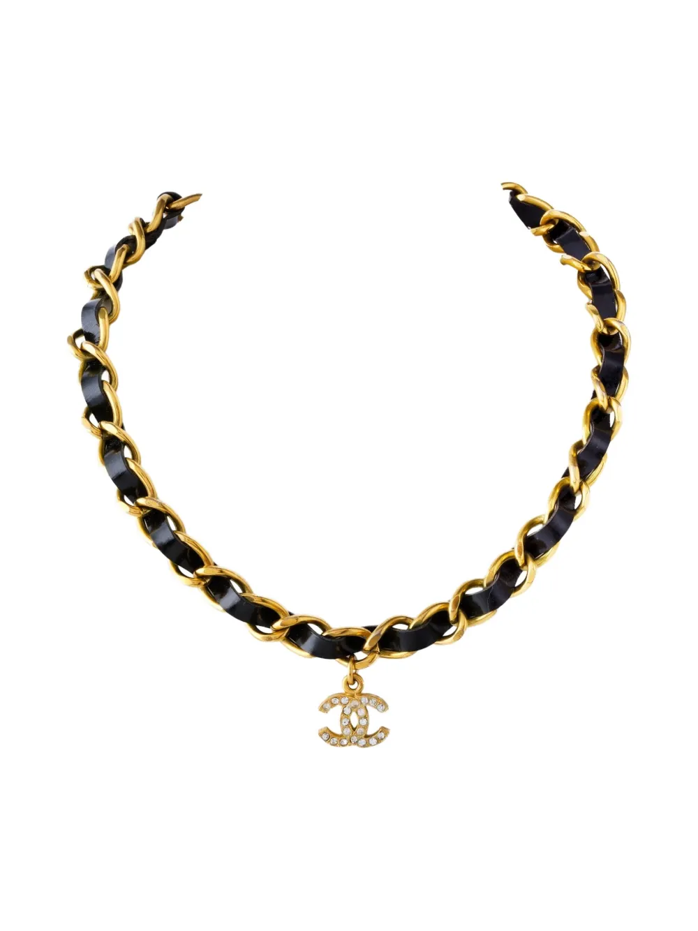 Pre-owned Chanel 1995 Leather Choker Necklace In Gold