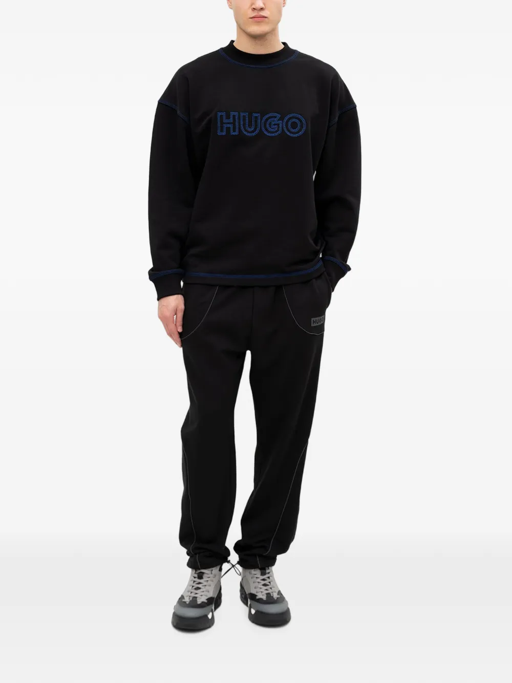HUGO Sweater met geborduurd logo en contrasterend stiksel Zwart