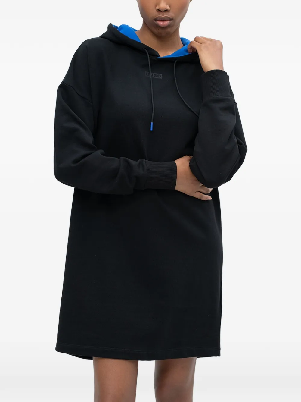 Hugo Boss Logo-patch Drawstring-hood Mini Dress In 블랙