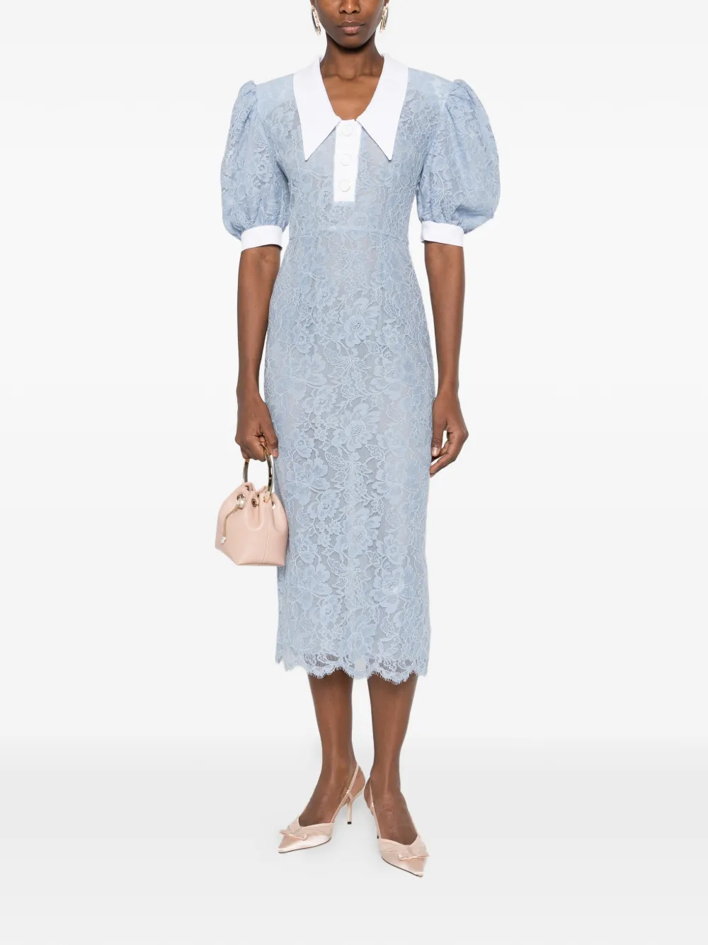 Puffy-Sleeves Lace Midi Dress