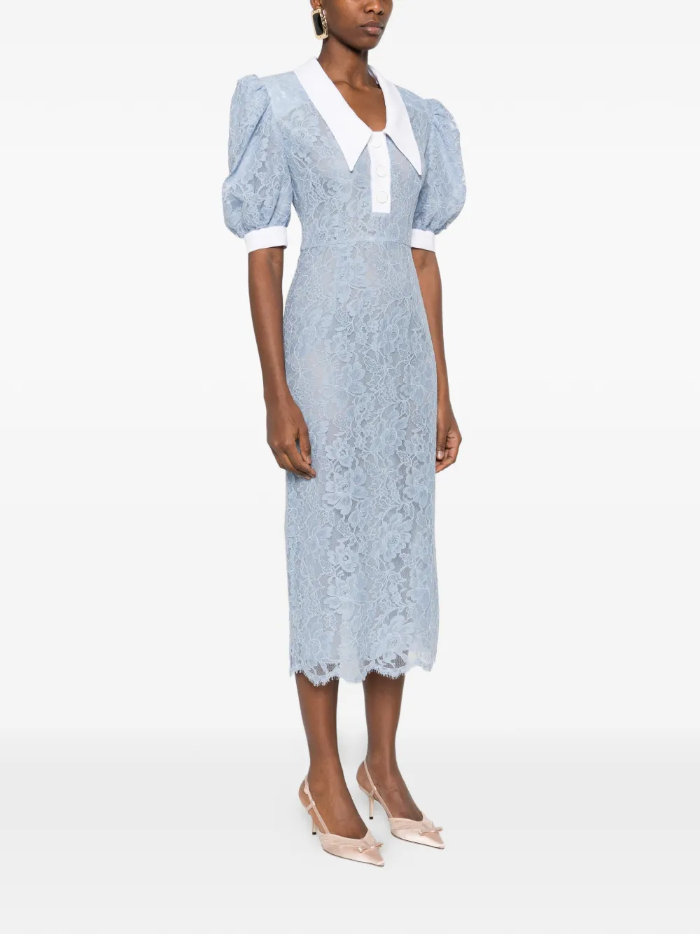 Puffy-Sleeves Lace Midi Dress