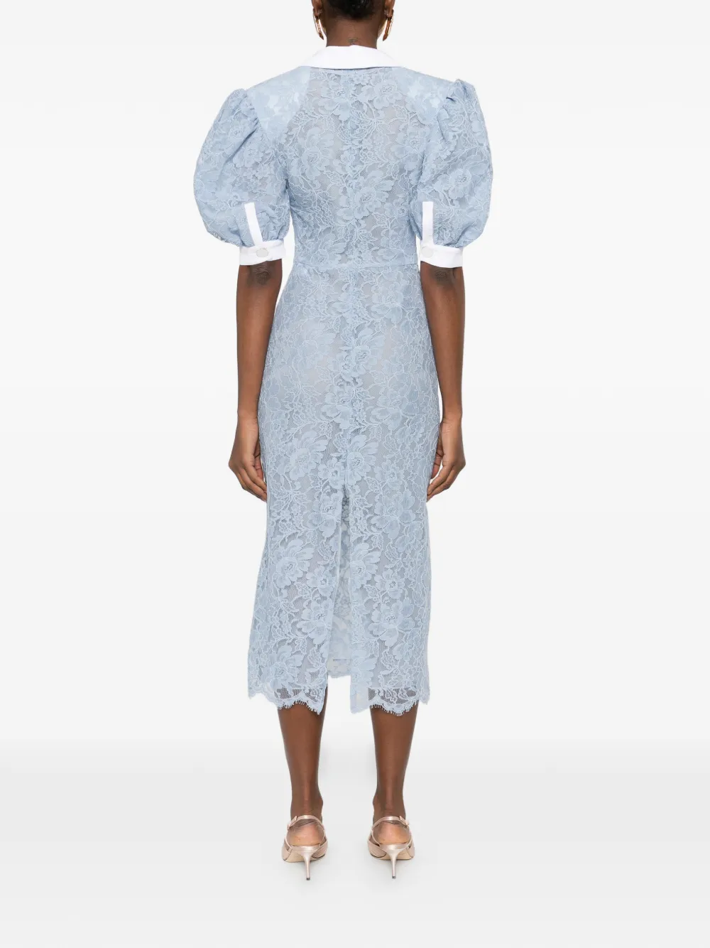 Puffy-Sleeves Lace Midi Dress