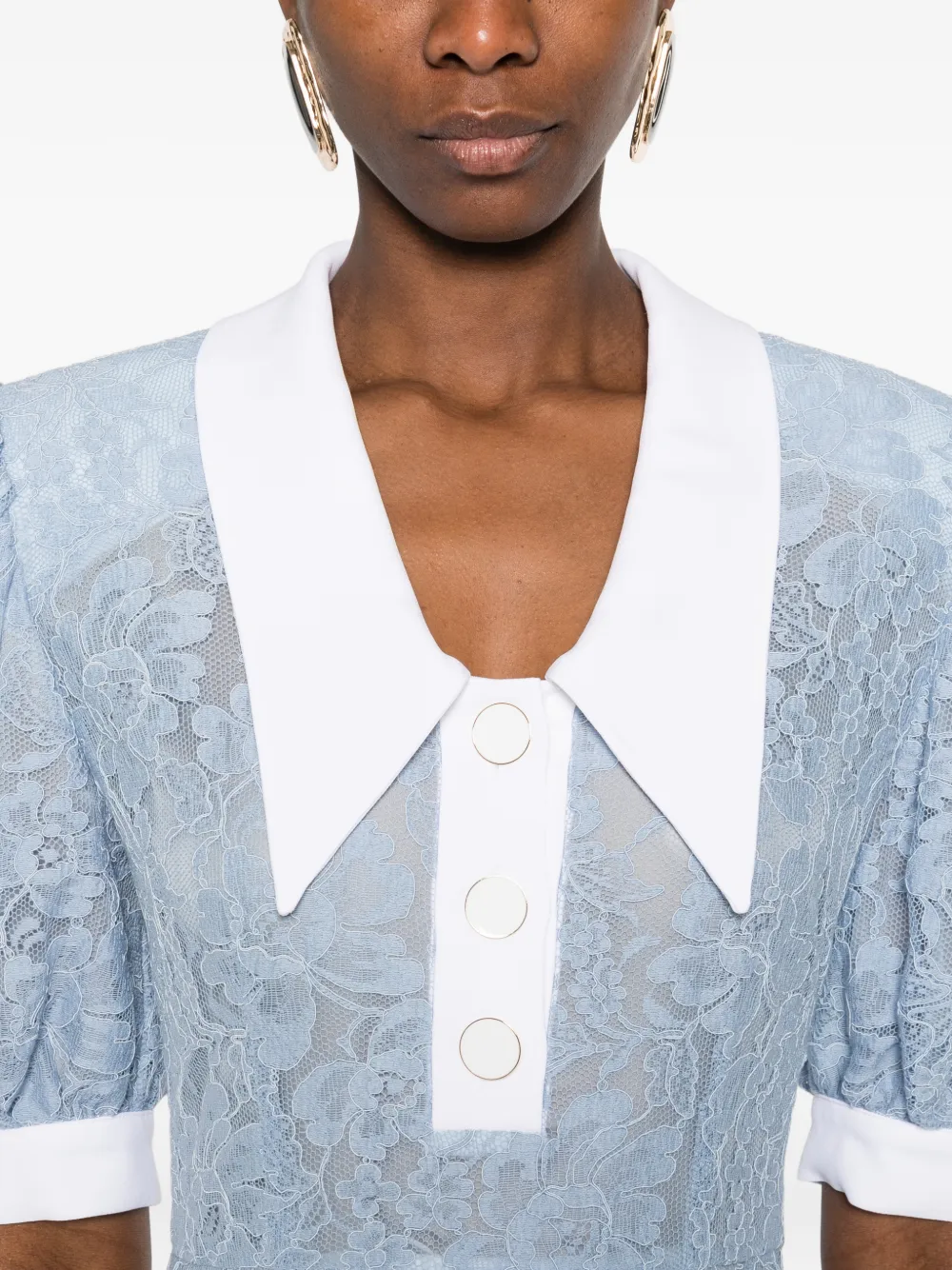 Puffy-Sleeves Lace Midi Dress
