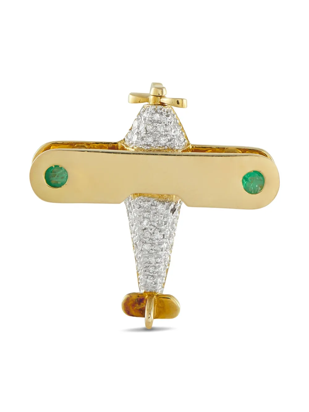 Pre-owned Lb Exclusive 18k Yellow Gold Diamond And Emerald Brooch
