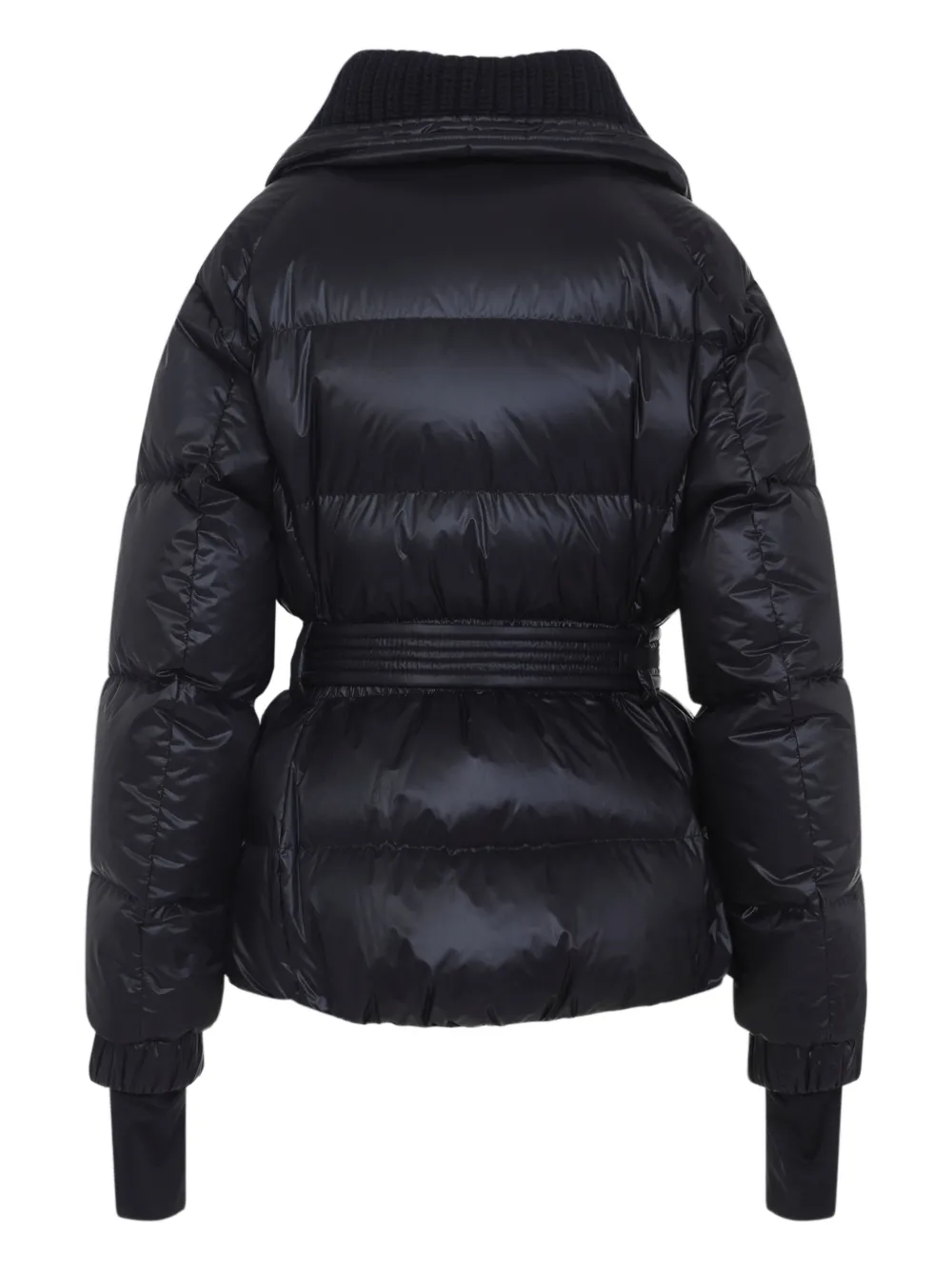 Moncler Puffer Jacket With Belted Waist And High Collar In Black