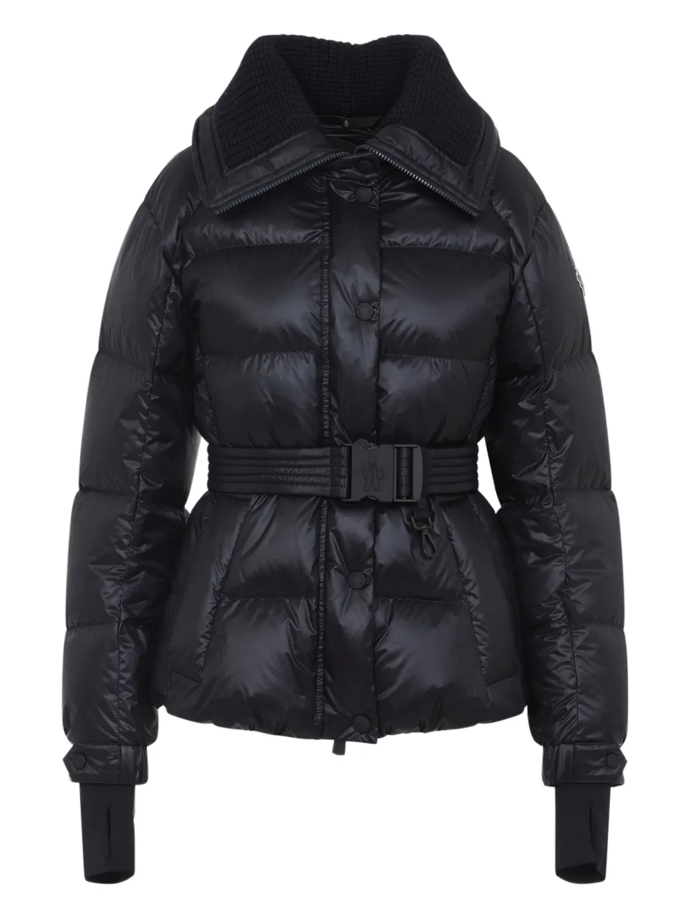 Moncler Puffer Jacket With Belted Waist And High Collar In Black