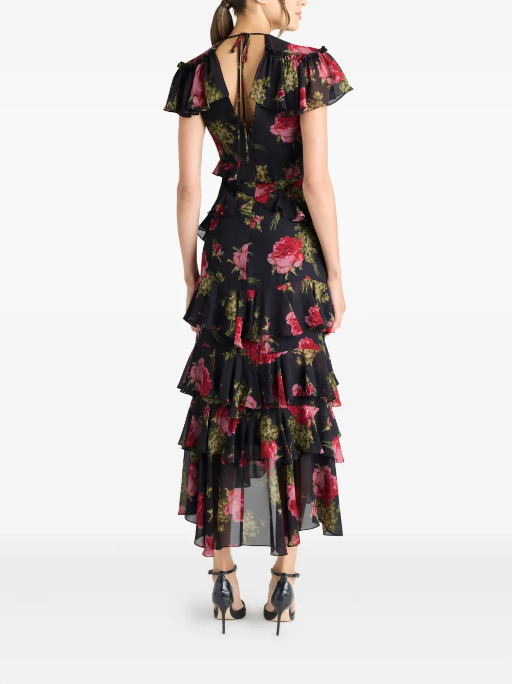 Cinq A Sept Tatum midi-jurk met bloemenprint en ruches Zwart