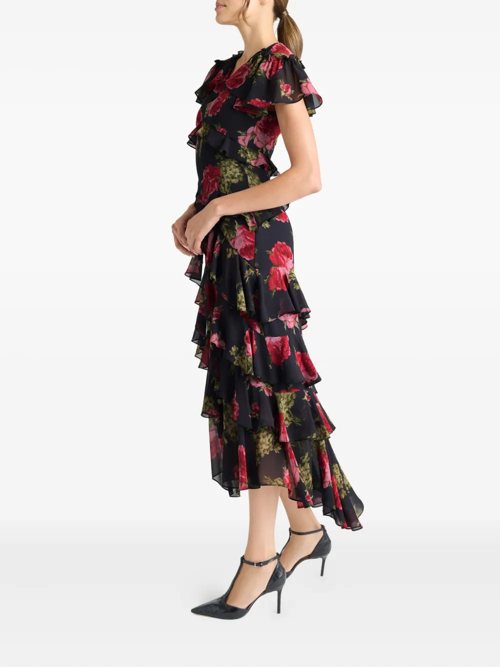 Cinq A Sept Tatum midi-jurk met bloemenprint en ruches Zwart