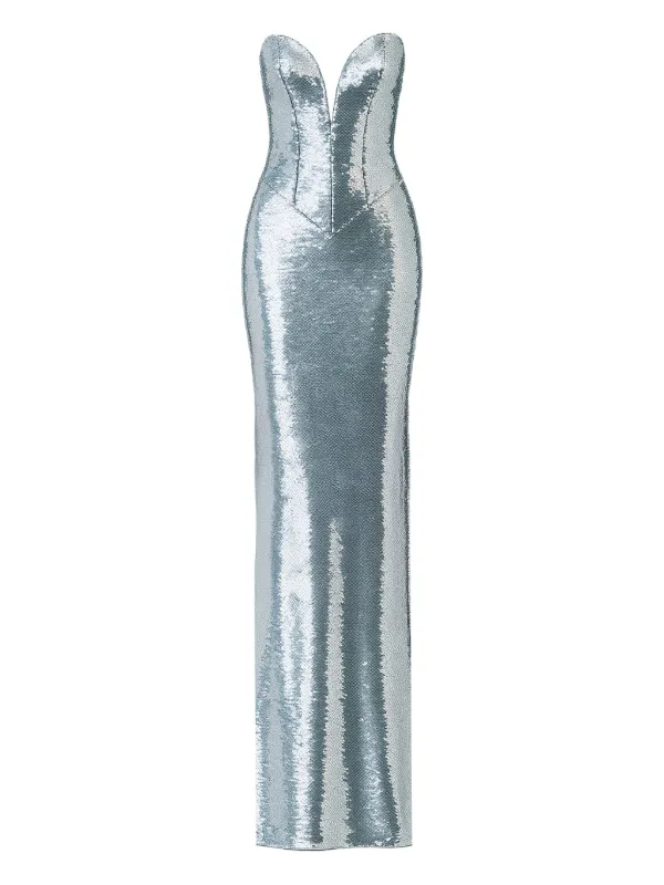 ilkyaz ozel sequin dress The New Arrivals By Ilkyaz Ozel Silver Sequin Embellished Mesh Maxi Dress M