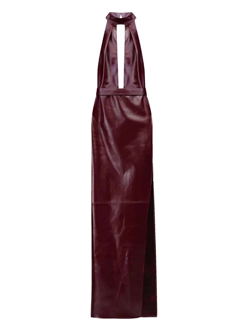 The New Arrivals Ilkyaz Ozel Nessa Halterneck Leather Maxi Dress In Burgundy