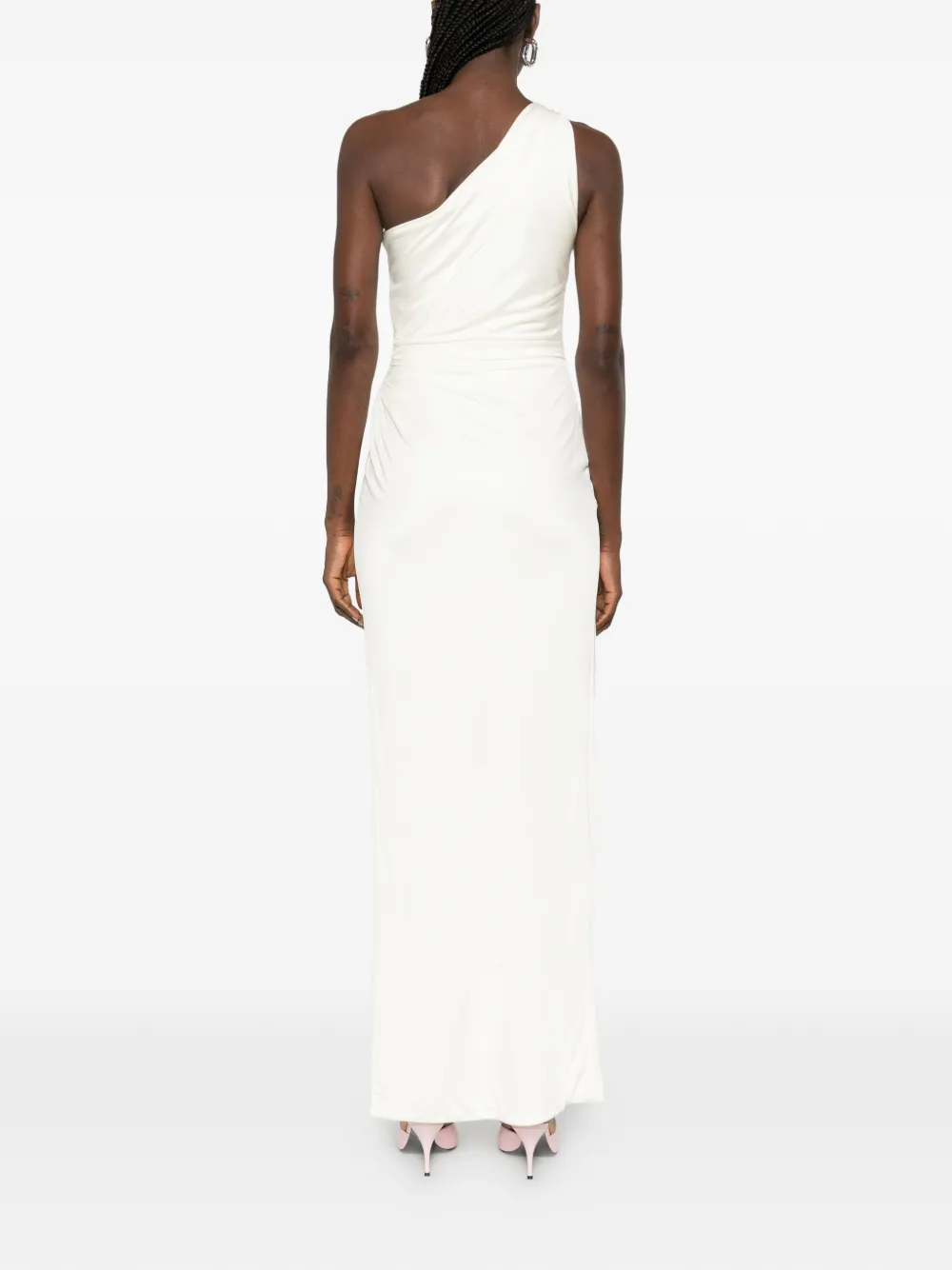 Versace Asymmetrische gedrapeerde maxi-avondjurk Beige