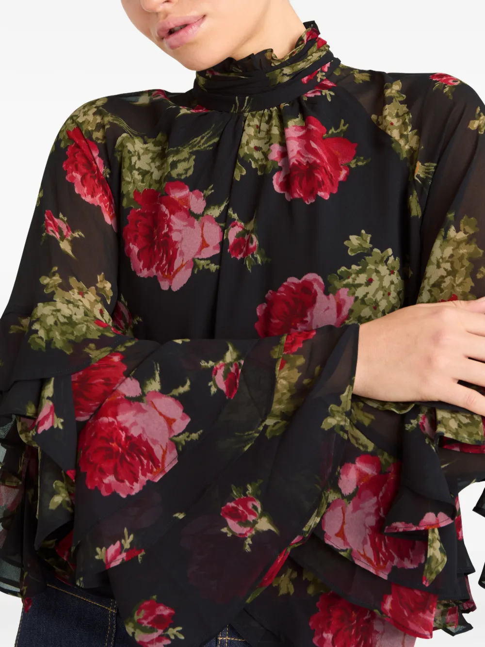Cinq A Sept Skylah blouse met ruches en bloemenprint Zwart