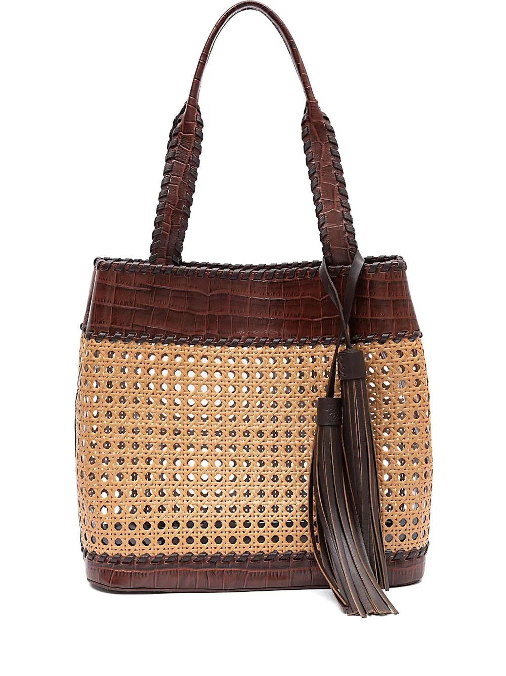 &isla Sextavada Woven Tassel Shoulder Bag In Brown