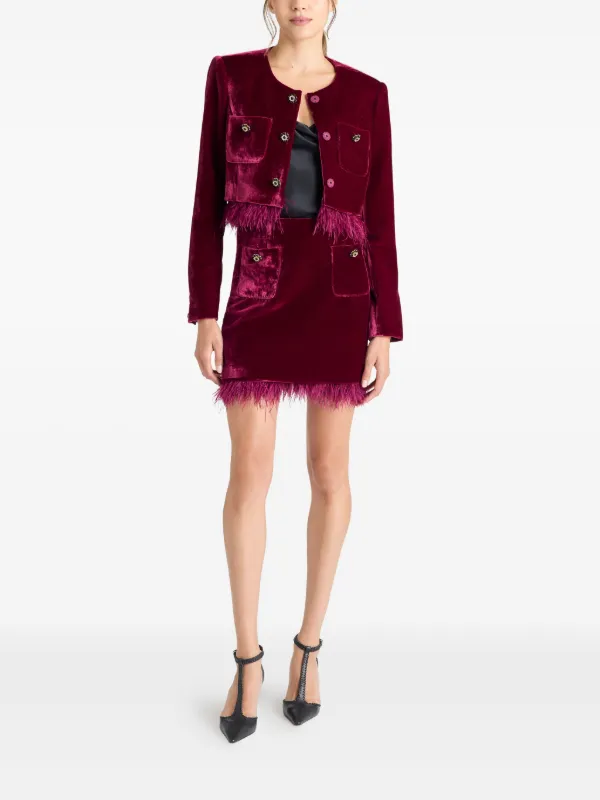 Cinq A Sept Women's Luna Velvet Feather Trim Mini Skirt - Red - Size 8 - Red Plum