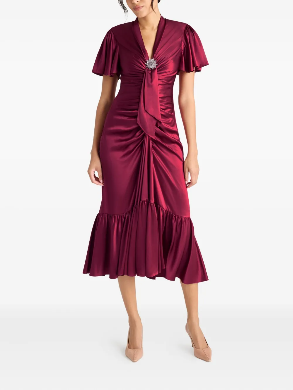Cinq A Sept Peeta midi-jurk met ruches en broche - Rood