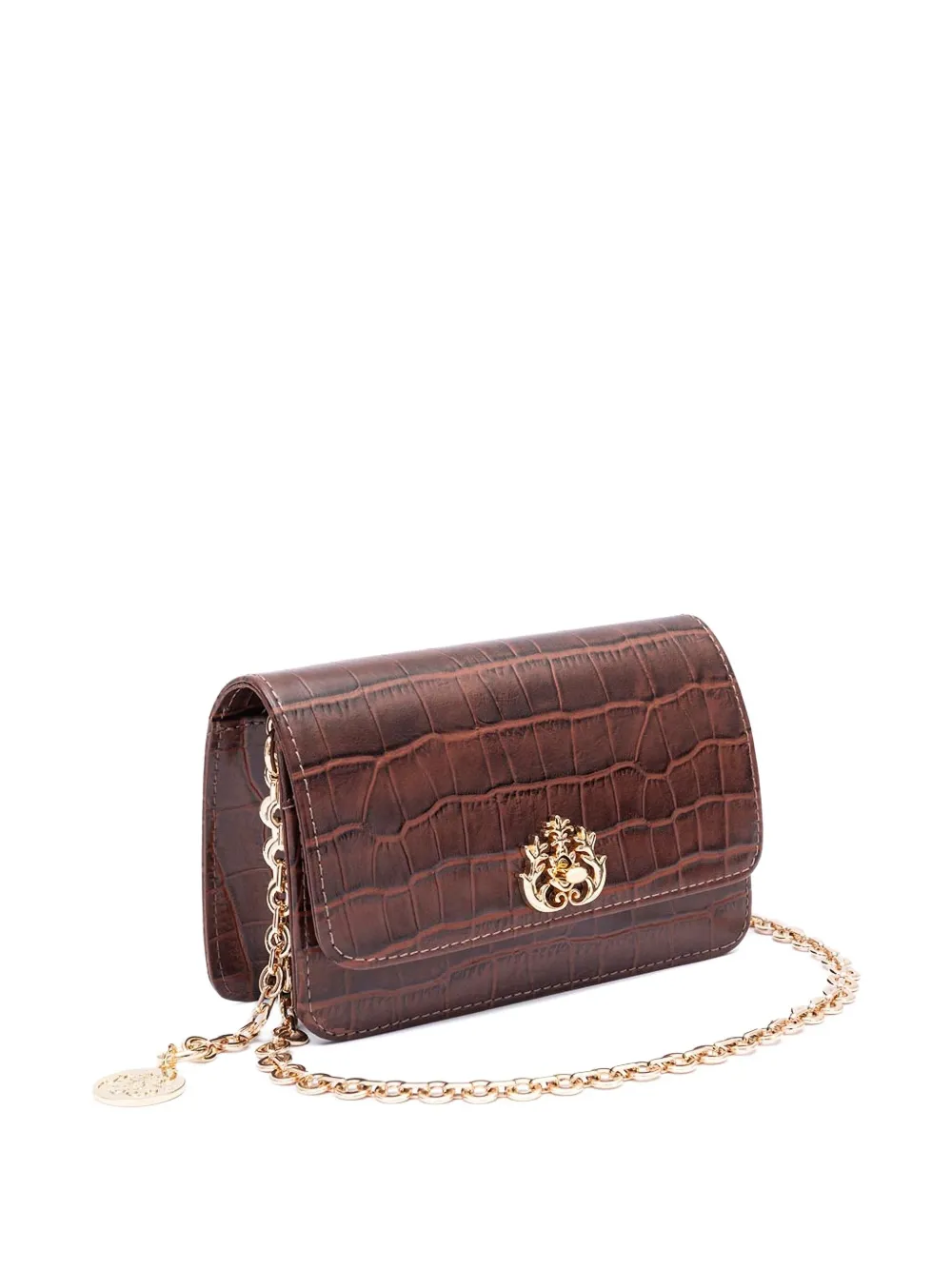 Isla Schoudertas met krokodillen-reliëf en ketting Bruin
