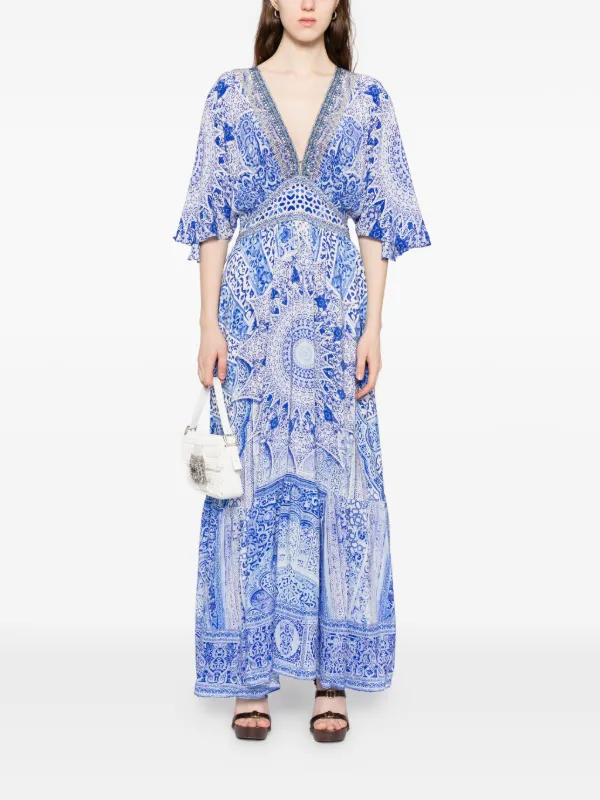 camilla blue and white dress graphic-print ruffled-hem | What color is Kiki's occasion-Baby Shower occasion-Graduation Contrast Lace Detailing COLOR:Hunter