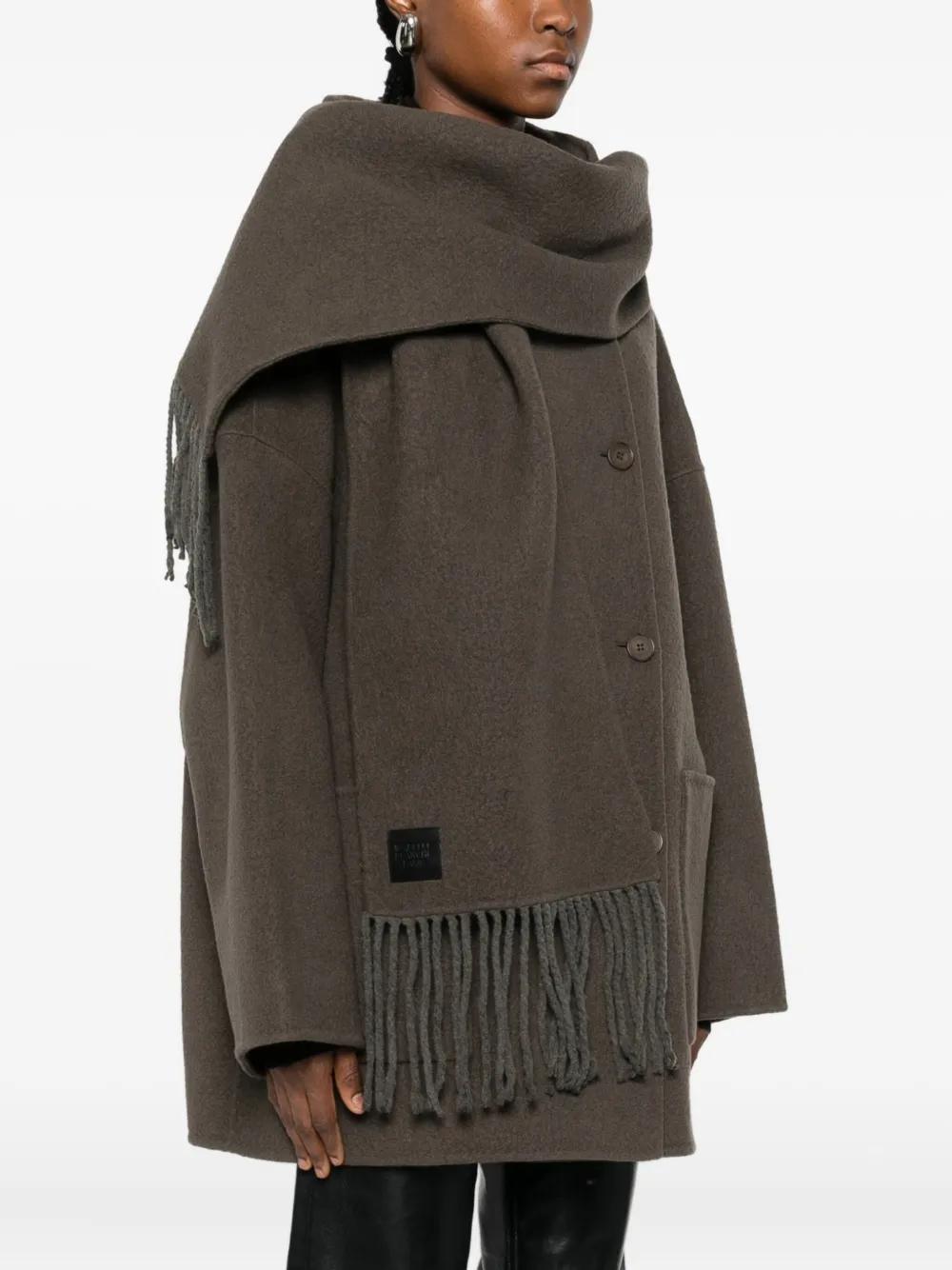 Isabelle Blanche Fringed Scarf-detail Coat In Green