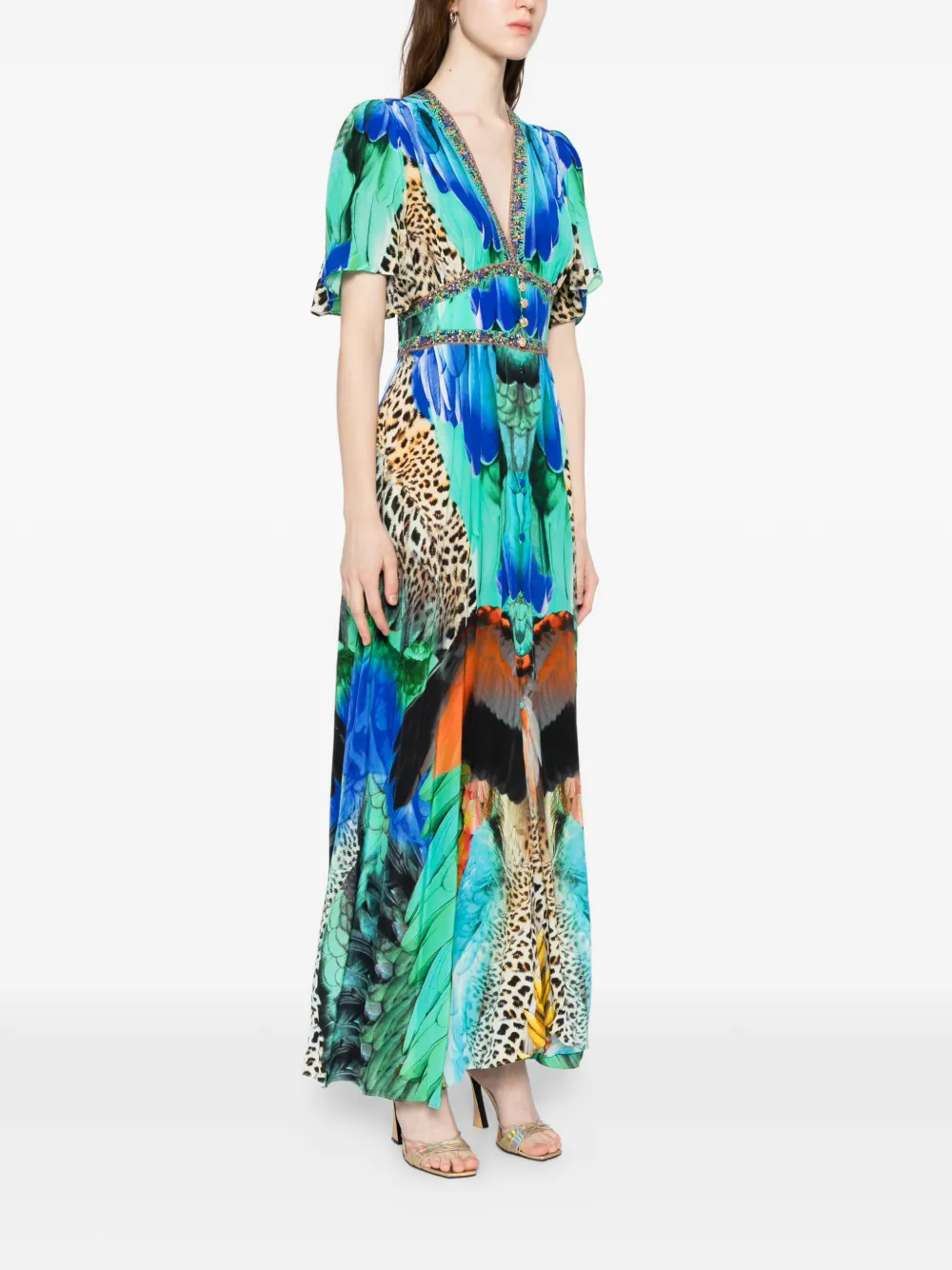 Shaped Waistband Dress With Flutter Sleeves Jungle Flight
