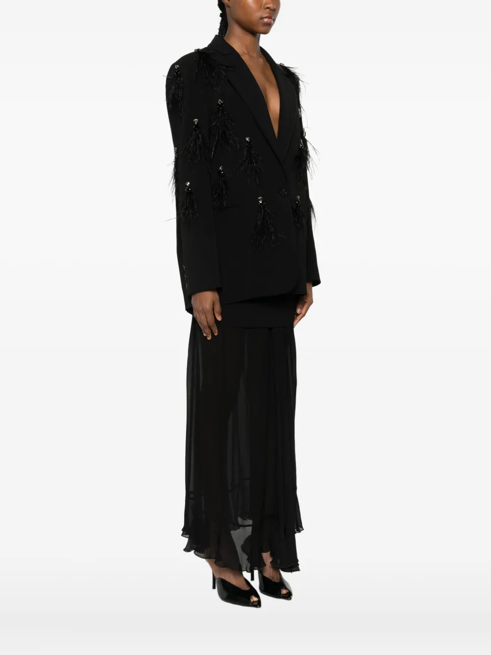 Isabelle Blanche Feather-embellished Blazer In Black